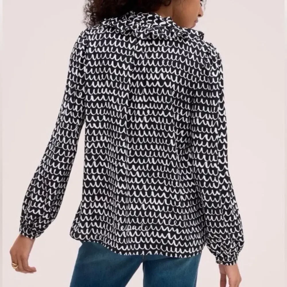 Kate Spade Pop Scallop Blouse Top Size S Black White Print Ruffle Tie Neck